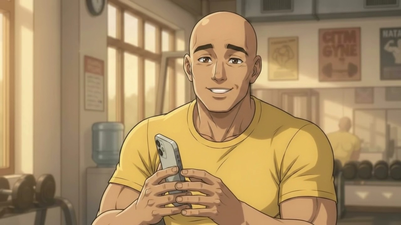 Ilustración del entrenador de Nutrym sonriendo mientras usa la app en su celular