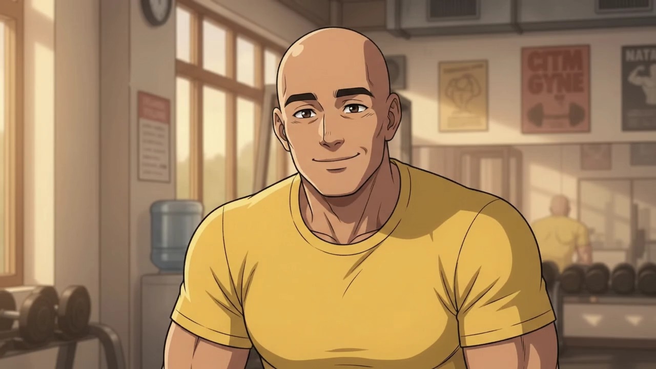 Ilustración de un entrenador sonriente con remera amarilla en un gimnasio